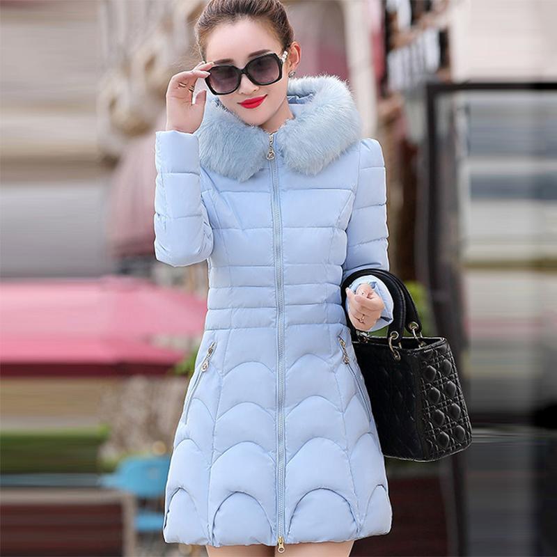 Women's Solid Color Embroidered Down Jacket Mid-length Korean Style Loose Thick Coat Warm Cotton Coat Large Fur Collar Winter Quilted Jacket