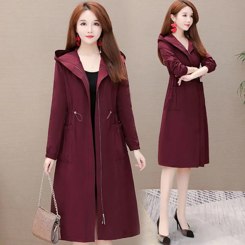 Women's Mid-length Hooded Windbreaker Solid Color Elastic Waist Thinner Hooded Jacket Korean Style Large Size Loose Jacket Drawstring Zipper Jacket