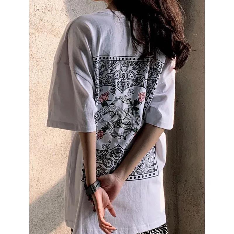 Summer Women Couple's Printed Short Sleeve Casual T-shirt Loose Vintage Round Collar Streetwear Cool T-shirt