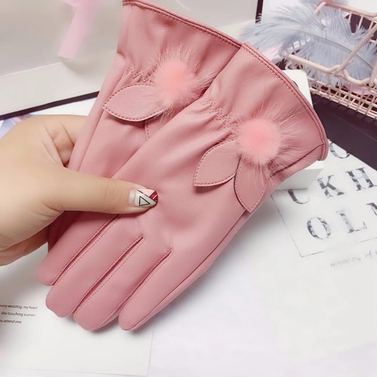Mink Ball Leather Gloves Female Korean Version Cute Plus Velvet Warm Cold Waterproof Touch Screen Riding Driving