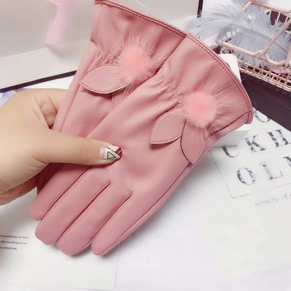 Mink Ball Leather Gloves Female Korean Version Cute Plus Velvet Warm Cold Waterproof Touch Screen Riding Driving