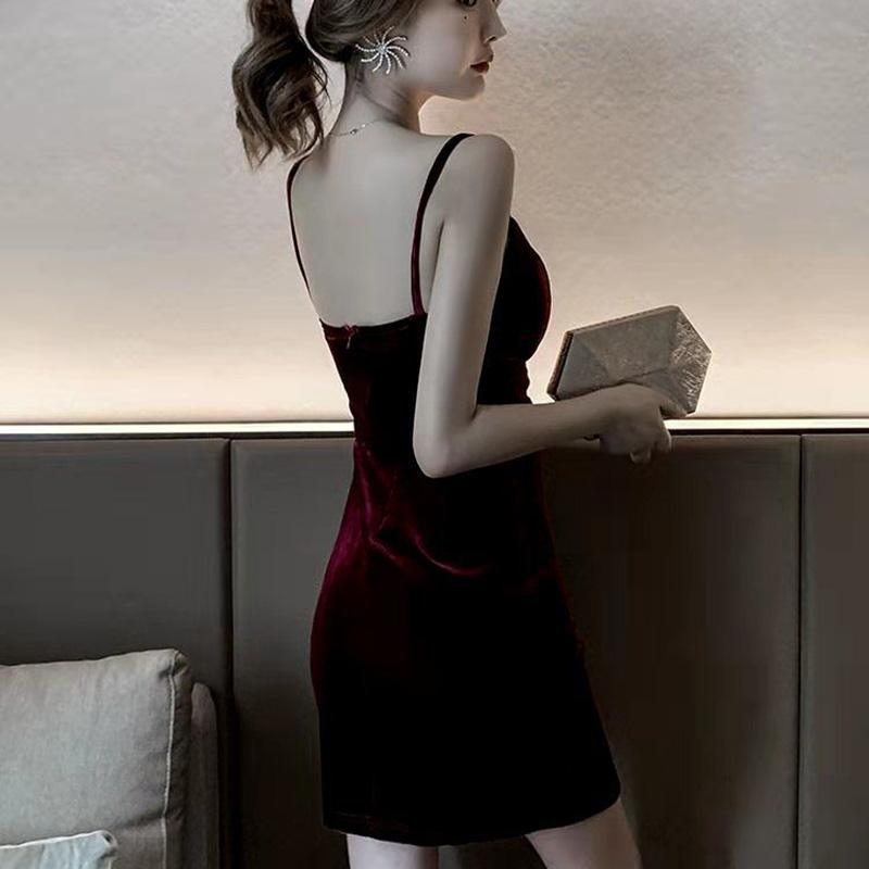 Low-cut Sexy Backless Sling Slim Wrap Hip Skirt Velvet slip Dress Nightclub Bar Ladies Spring and Summer  sundress