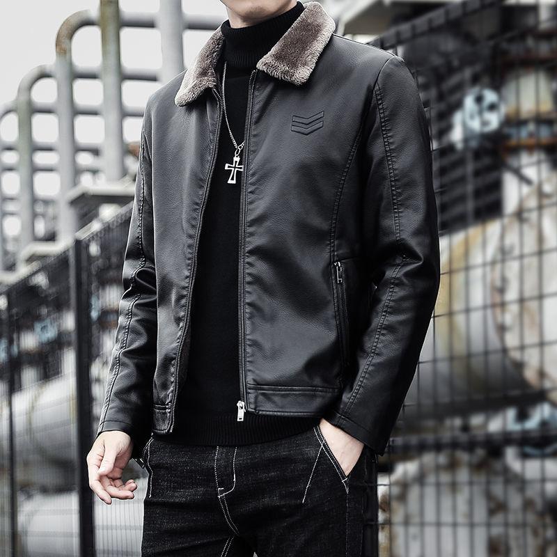 Young and Middle-aged Men's Leather Jacket Winter Fashion Fur One Leather Jacket Plus Velvet Thickening Warm Lapel Men's Leather Jacket