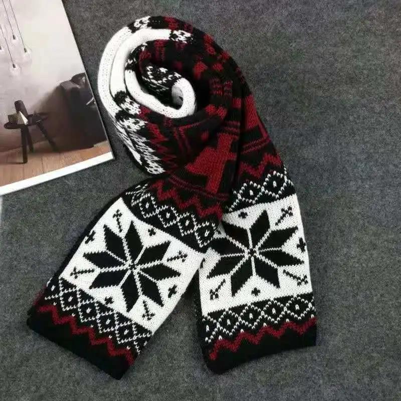Men's Winter Scarf Snowflake Print Christmas Knitted Scarf Thicken Warm Double-sided Woolen Scarf