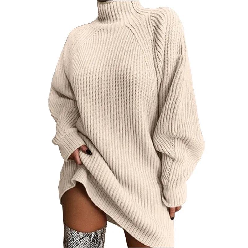 Ladies Half-neck Oversized Sweater Long Solid Color  Autumn and Winter Warm Elegant Sweater Dress