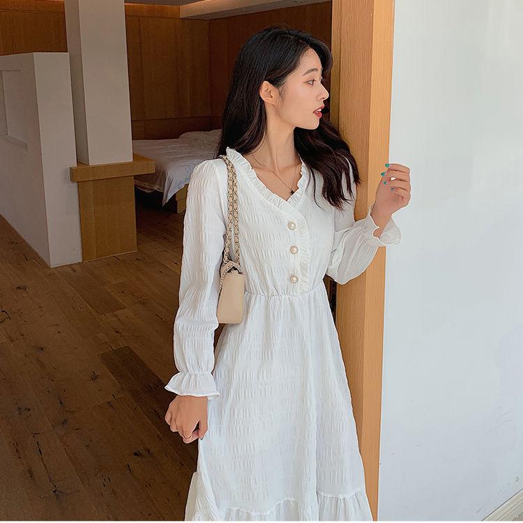 Lace Ruffle Cute Sweet Well-behaved Girl Solid Color Long A-shaped Skirt Age Reduction Long Sleeve Pearl V-neck Dress
