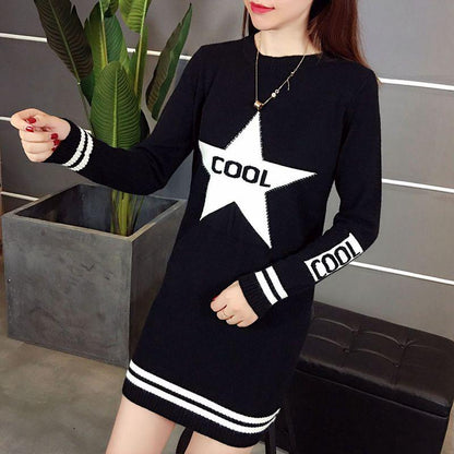 Autumn and Winter Mid-length Dress Long Sleeve Slim Round Neck Sweater