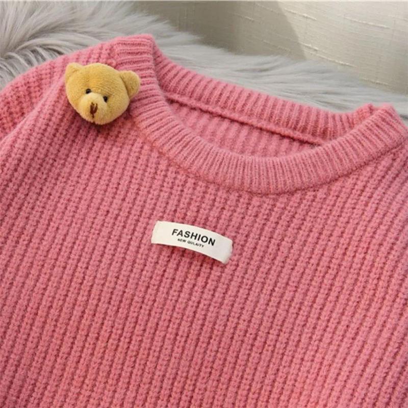 Bear sweater women's pullover loose autumn and winter new solid color loose thick wool sweater coat outer wear