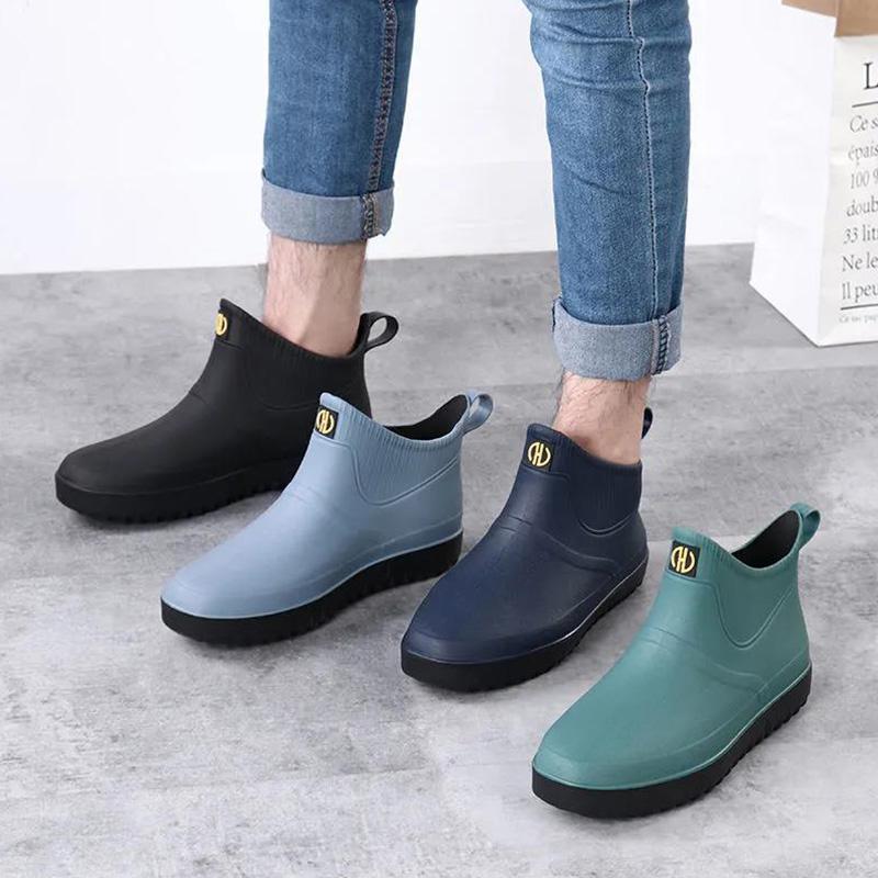 Fashion Non-slip Short-tube Rain Boots Men's Water Shoes Plus Velvet Rain Boots Flat Kitchen Work Rubber Shoes Thick-soled Low-top Water Boots