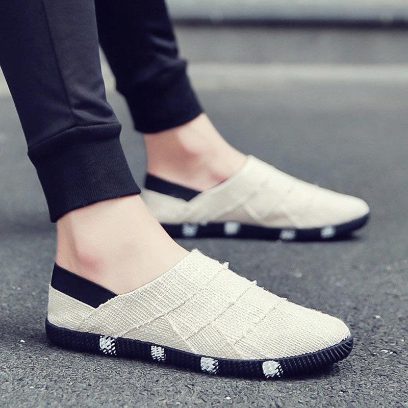 Summer Breathable Men's Linen Casual Canvas Semi-plank Shoes One Pedal Lazy Men's Shoes Without Heel Shoes