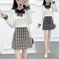 Autumn and Winter Knit Sweater Suit Women Lace Stitching V-neck Sweater Top and Short Plaid Wool Skirt Two-piece Female Elegant Outfits