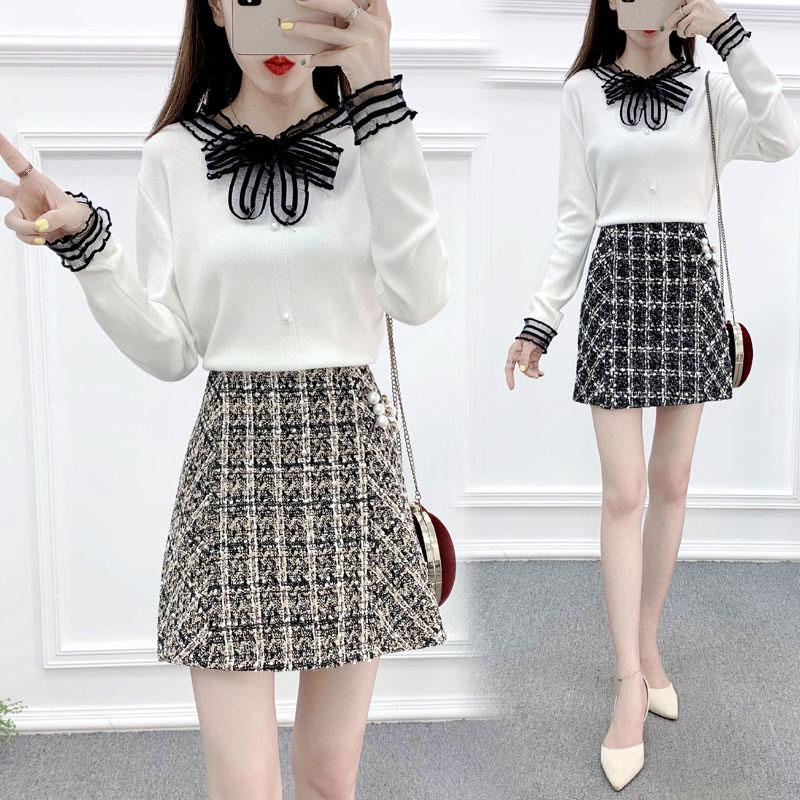Autumn and Winter Knit Sweater Suit Women Lace Stitching V-neck Sweater Top and Short Plaid Wool Skirt Two-piece Female Elegant Outfits