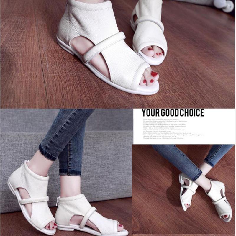 Women Leather Sandals Rome Summer Flat Bottom  Non -Slip Open Toe Sandals Fish Mouth Causal Shoes