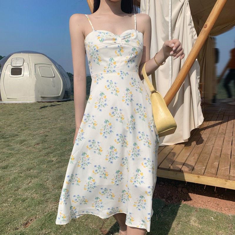 Women's Summer French Elegant Little Fresh Fairy Gentle Long Print Suspender Dress