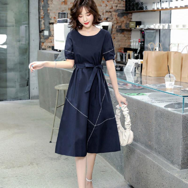 Spring Summer Women's Navy Blue Short-sleeved Dress Simple Lines Waist Knee-length Skirt All-match Casual