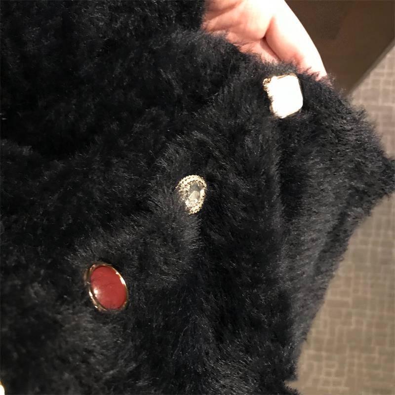 Women Faux Mink Cashmere Lazy Loose Crew Neck Sweater Knitted Cardigan Button Coat