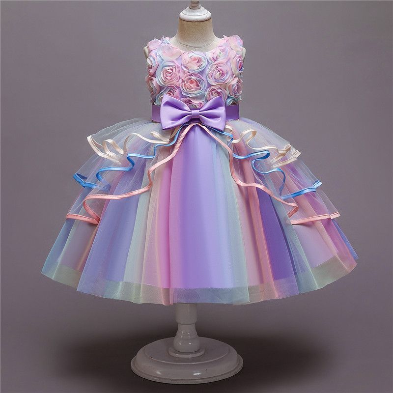 Kids Unicorn Dress for Girls Flower Appliques Gown Little Girl Sleeveless Princess Dresses Elegant Party Costumes Children Clothing