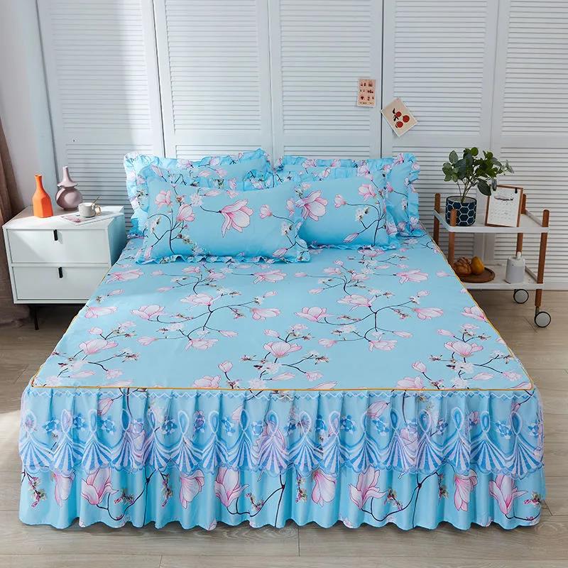 Four Seasons Universal Mattress Cover Thickened Cotton Sanded Mattress Dust-proof Bedspread Korean Lace Bed Skirt Single Piece