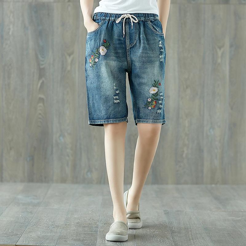 Loose Plus Size Ripped Jeans Elastic Waist Hole Cowboy Pants Retro Embroidered Denim Shorts Female