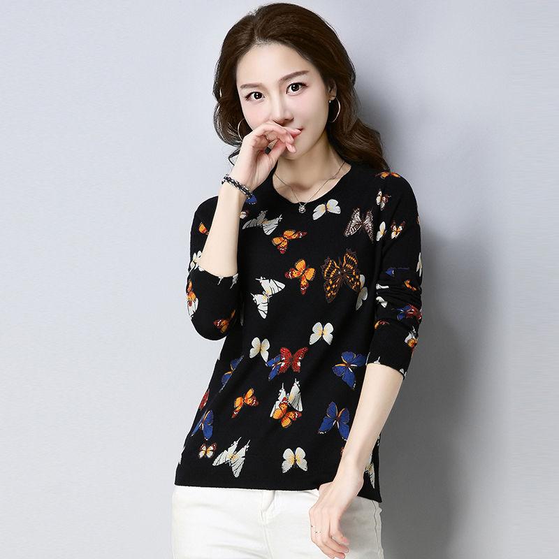Plus Size Spring, Autumn and Winter Butterfly Print Sweater Cashmere Knit Bottoming Sweater Vintage Slim Warm Woolen Sweater Jumper Outwear
