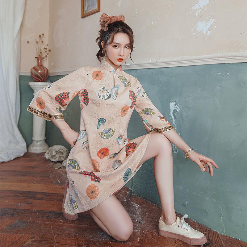 Cheongsam Modified Spring Daily Vintage Dress Female Short Sleeve Elegant Slim A-line Casual Dress