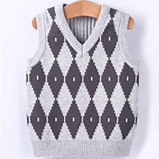 Knitted Baby Vest Children's Checker Printed Vest Boys Knitted V-neck Vest Fall/ Winter Outwear