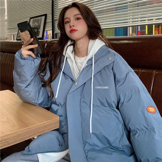 Fake Two-piece Hooded Padded Jacket Female Winter Korean Style Student Loose Thick Warm Bread Suit Coat Cotton Jacket Tide