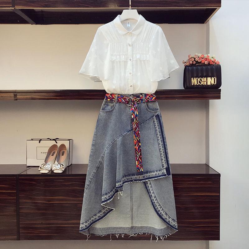 Fashion  2 Piece Set Skirt and Tops Plus Size Women Summer Pleated Short-sleeve Shirt Asymmetric Denim Skirt Two-piece Set