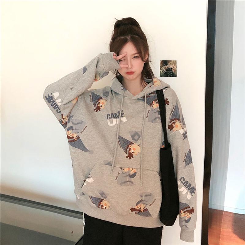 Cartoon Print Hoodie Women's Hooded Oversized Pullover Harajuku Warm Kawaii Women's Loose Street Sweatshirt