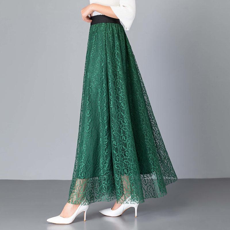 Large Size All-match A-line Long Skirt Women's Spring and Autumn Lace Elastic High Waist Mid-length Skirt