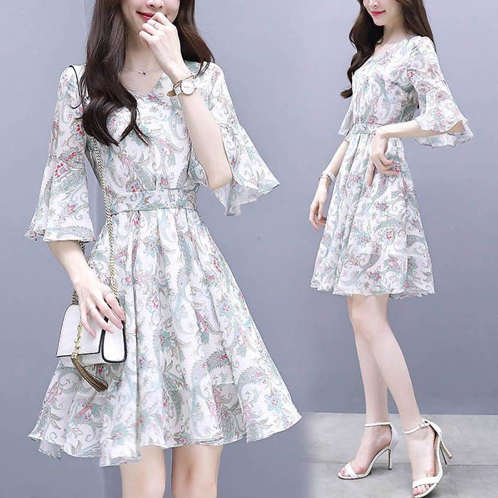Pofulove S-2XL Women V-neck Chiffon Floral Dress Slim Sexy Mid-length Flared Sleeves A-line Dress