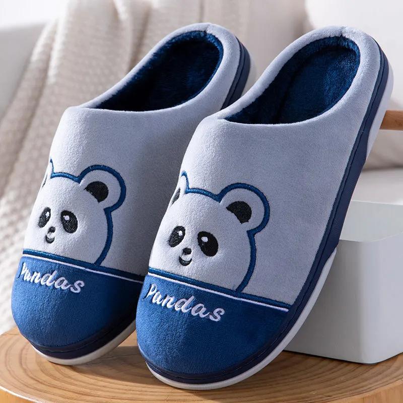 Winter Slippers Women Home Plus Size Men Cotton Shoes Pandas Embroidery Thick Fleece Warm Pink Slippers Women Non Slip Platform Ladies Warm Slippers
