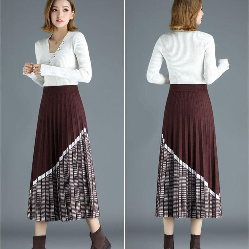 Women's Knitted Skirt Autumn and Winter Thick Retro Knit A-line Skirt High Waist Long Knitted Pleated Skirt Thousand Island Grid Stitching