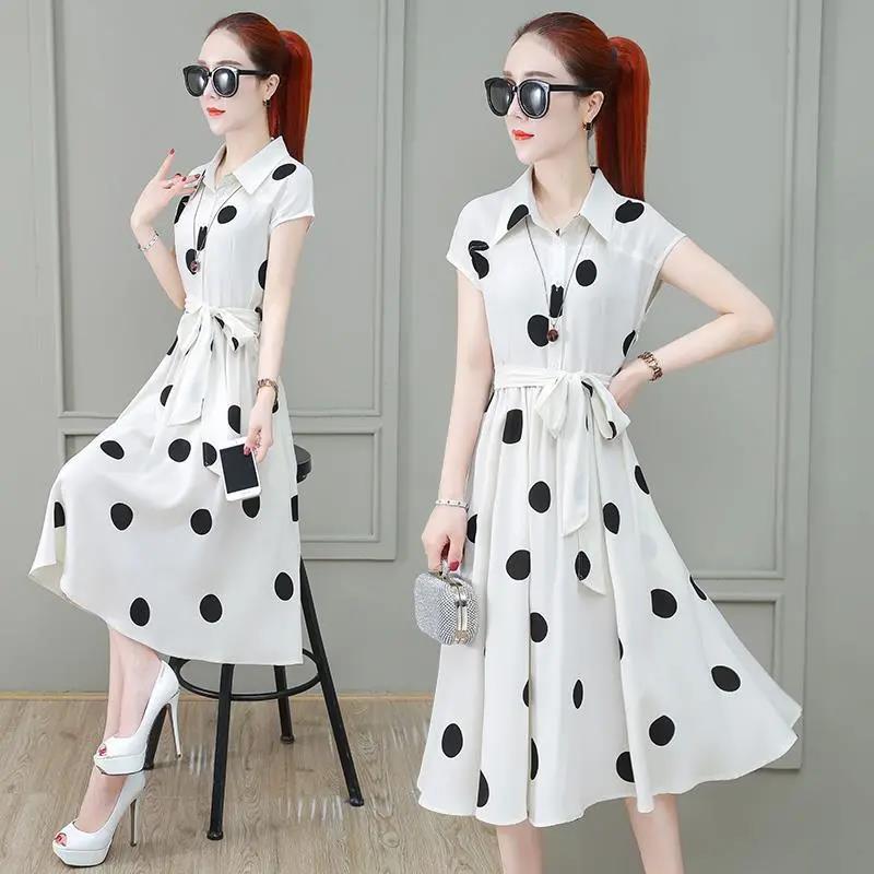 Women's Summer Dress Temperament Waist Was Thin Polka Dot Sleeveless Long Skirt Shirt-style Long Ladies Dress A-line Version Sleeveless Dress