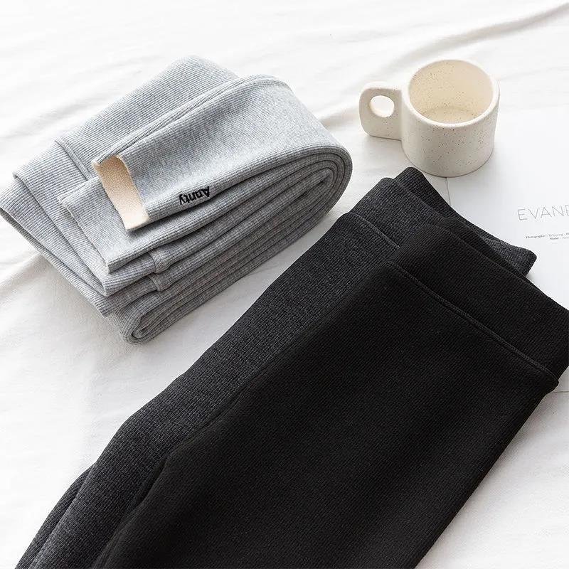 Spring and Autumn Threaded Leggings Women's Long Trousers Are Thin Outer Wear Plus Velvet Thickened High Waist Warm Cotton Trousers In Winter