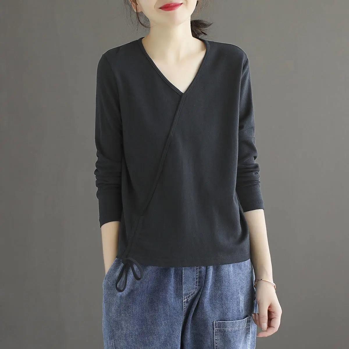 Cotton Solid Color V-Neck T-Shirt Ladies Spring Autumn Hem Drawstring Loose Casual Long Sleeve Retro Top
