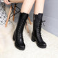 Boots Women Leather Middle Lace-Up Thick Martin Boots Shoes Outdoor PU Leather Winter Female Shoes