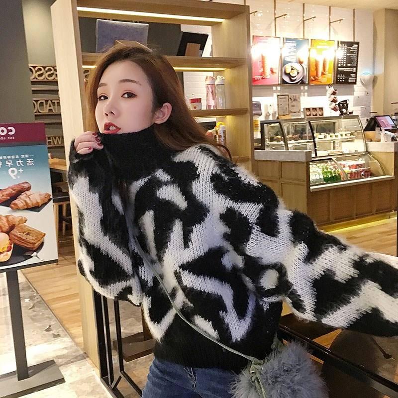 2 Colors Sexy Lady Turtleneck Leopard Sweater Knitwear Loose Pullover Jumper Short Top