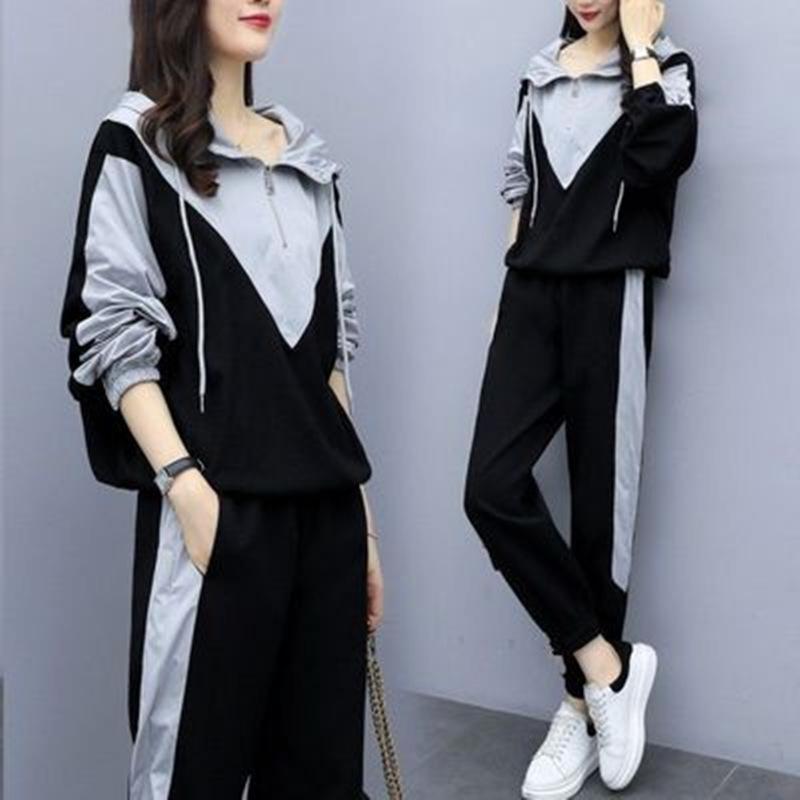 Sports Suit Women's Spring and Autumn Hooded Zipper Loose and Thin Stitching Fashion Casual Two-piece Trendy