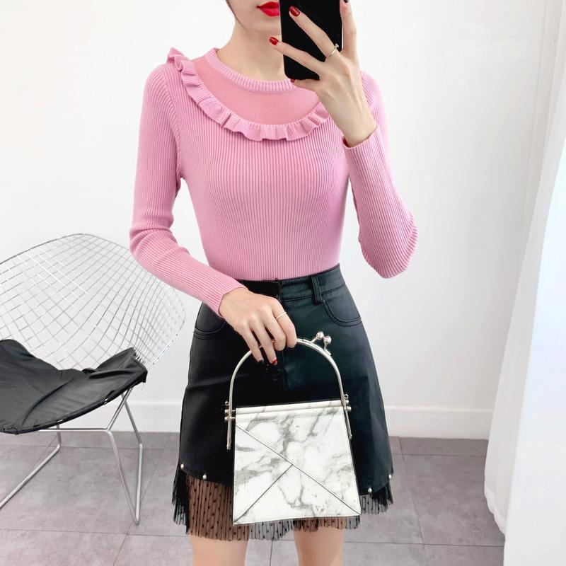 Sweater Women's Ruffled Collar Pullover Knitwear Korean Style Slim Solid Color Top Trendy Sweater Autumn and Winter Lady Style