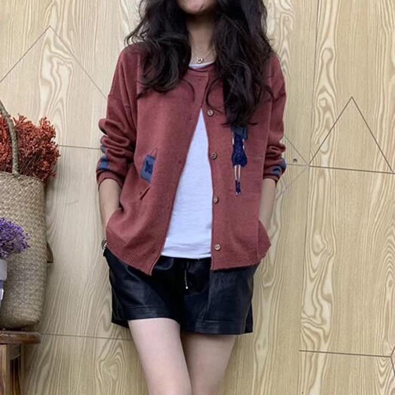 Little Girl Jacquard Knitted Cardigan Color Matching Wild Long-sleeved Sweater Retro Thin Jacket Women