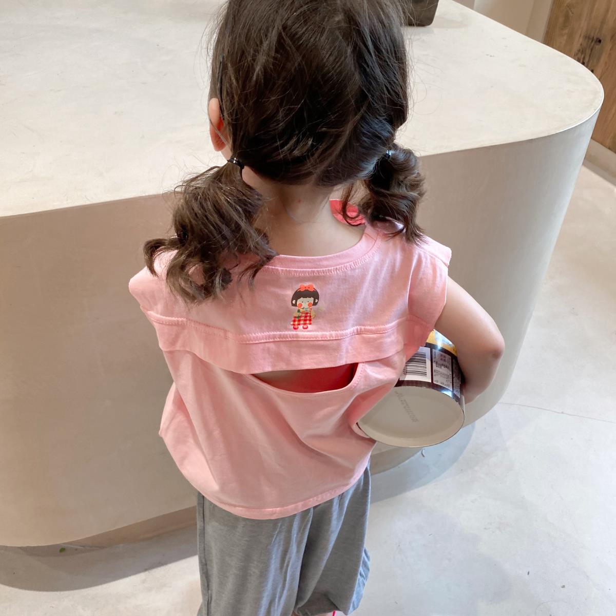 Summer Kids Cute Tops Korean Style T Shirts Girls' Short Sleeve T-shirt Open Back Printed Solid for Children Girls