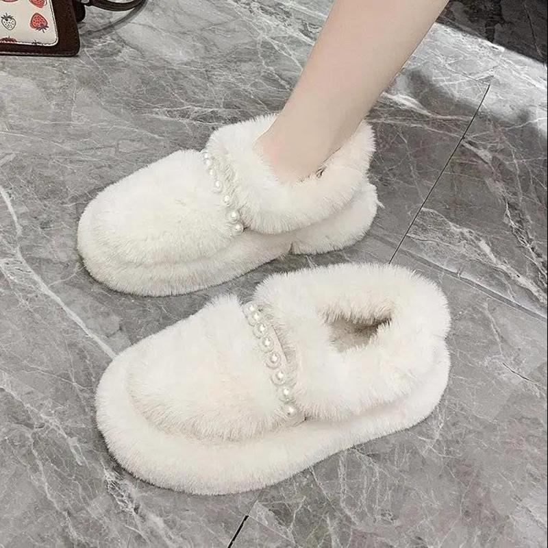 Hairy Pearl Casual Flat Shoes Shoes Women's Outer Wear Warm Soft Cotton Shoes Casual Peas Shoes Plus Velvet Platform Moccasin Shoes