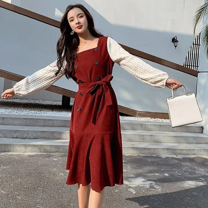 Large Size Dress Spring Dress Waist Waist Was Thin  Fake Two Pieces of Western Style Age-reducing French Retro Long Skirt