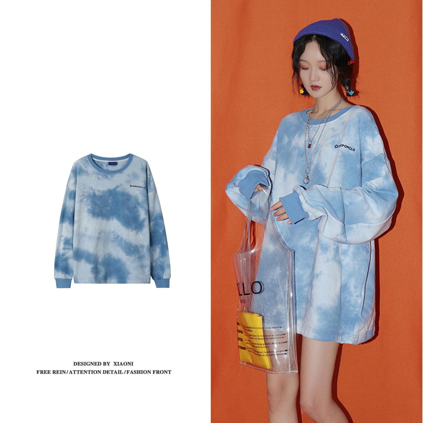 Spring  Autumn Thin Casual Long-sleeved Letter Printing Pullover Sweatshirt Tops Ladies O- Neck Tie-dye Hoodies