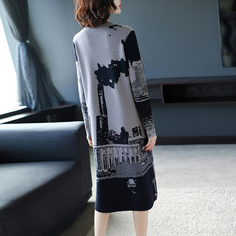 Autumn winter fashion long printed sweater dress long-sleeved pullover knitted dress female knitwear bottoming or outer wear