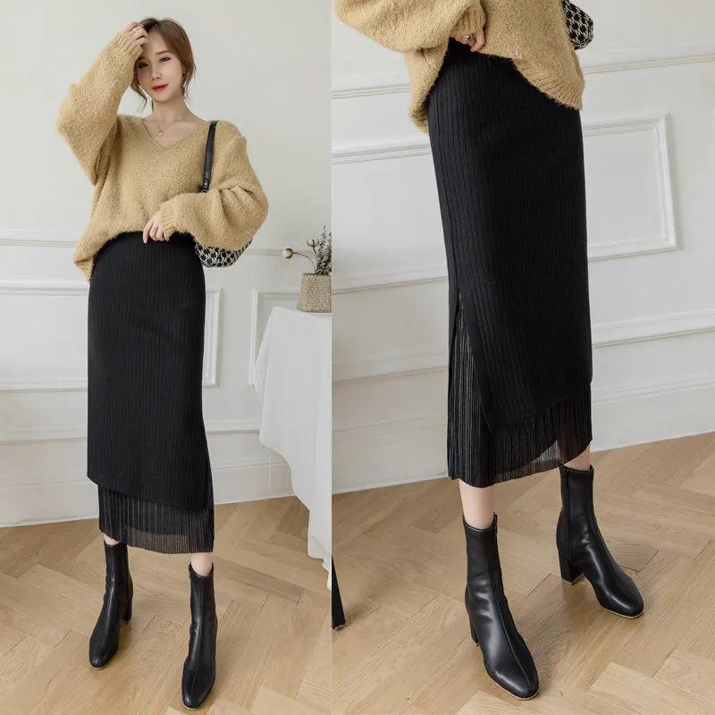 Both Sides Can Be Worn Pleated Split Knit Skirt Women's Autumn and Winter with Sweater Mid-length High Waist Bag Hip Skirt Mesh Skirt