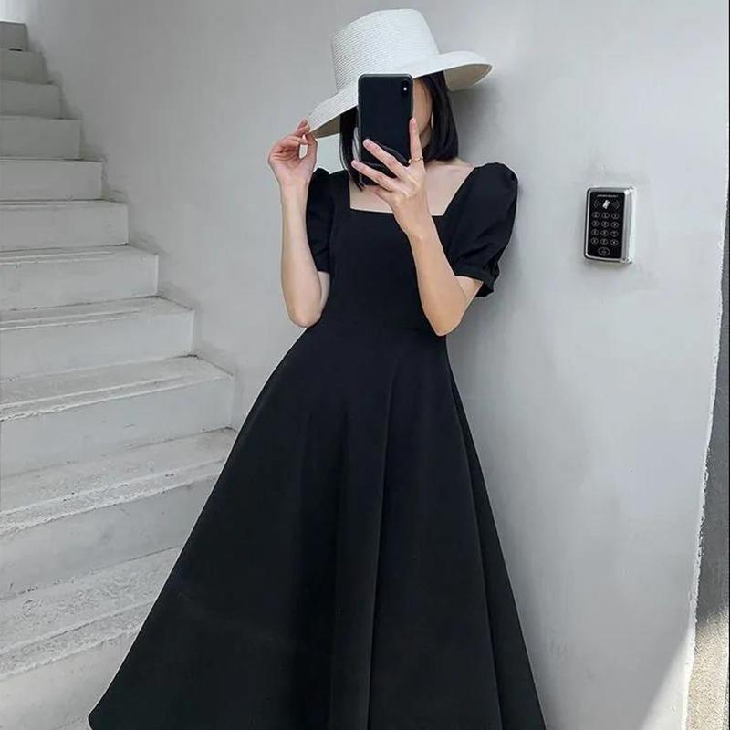 Sexy Black Woman Square Collar Puff Short Sleeves Mid-calf Dress Wedding Part