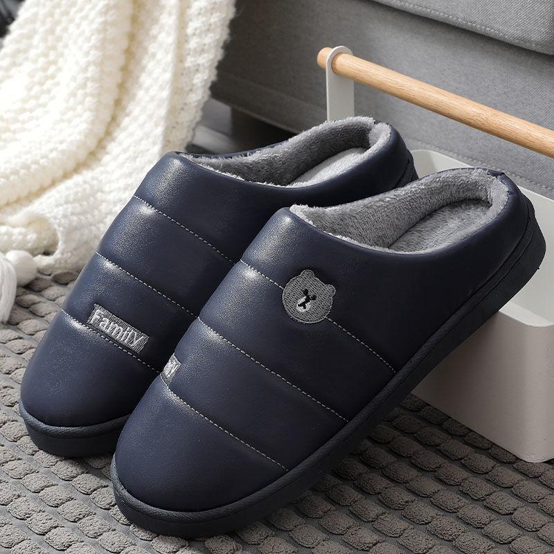 Cotton Slippers Women Winter Indoor Thick-soled Anti-skid Home Couple Models PU Surface Waterproof Warm and Velvet Slippers Men's Slippers