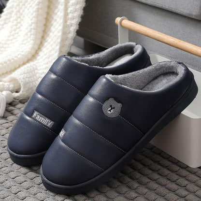 Cotton Slippers Women Winter Indoor Thick-soled Anti-skid Home Couple Models PU Surface Waterproof Warm and Velvet Slippers Men's Slippers